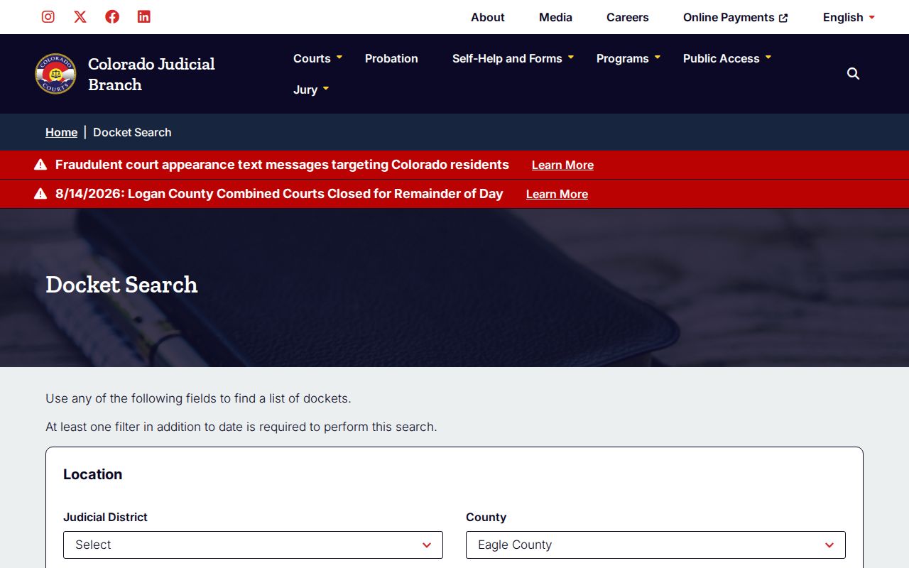 Eagle County court docket search filters